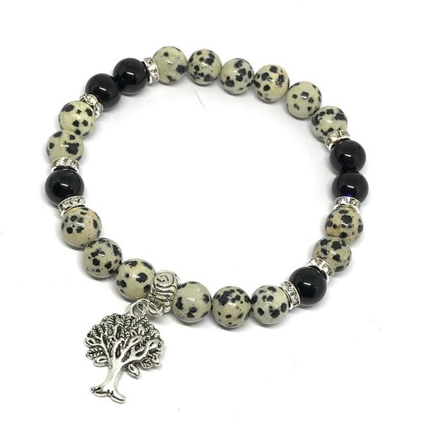 Dalmatian Jasper and Black Tourmaline Tree of Life Charm Bracelet
