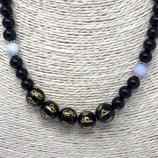 Black Obsidian and Blue Calcite Om Mani Earrings 'Luna'