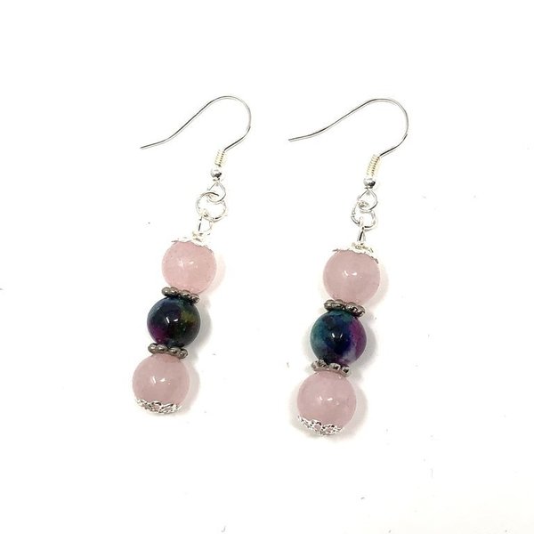 Sterling SIlver Rose Quartz and Jade Triple Stone Dropper Earrings named Ami