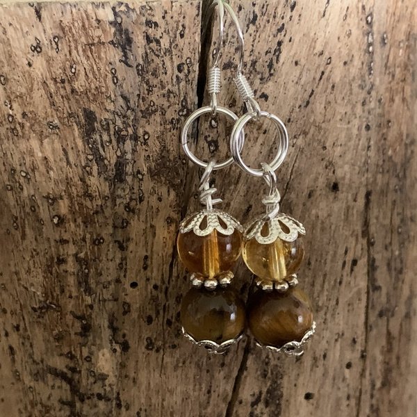Sterling Silver Tiger Eye and Citrine Dropper Earrings Named Pia