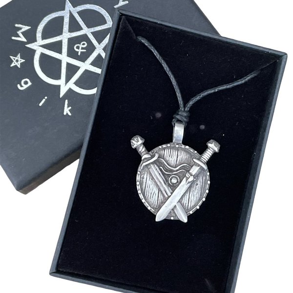 Pewter Double Swords Protection Pendant on a Thong Named David #